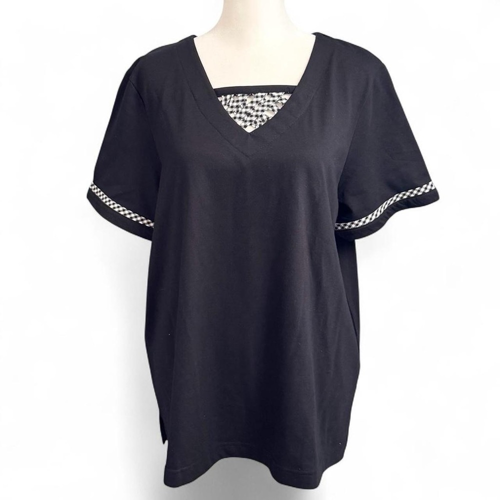 Blair Black Gingham Trim Top Petite Large Preppy Chic